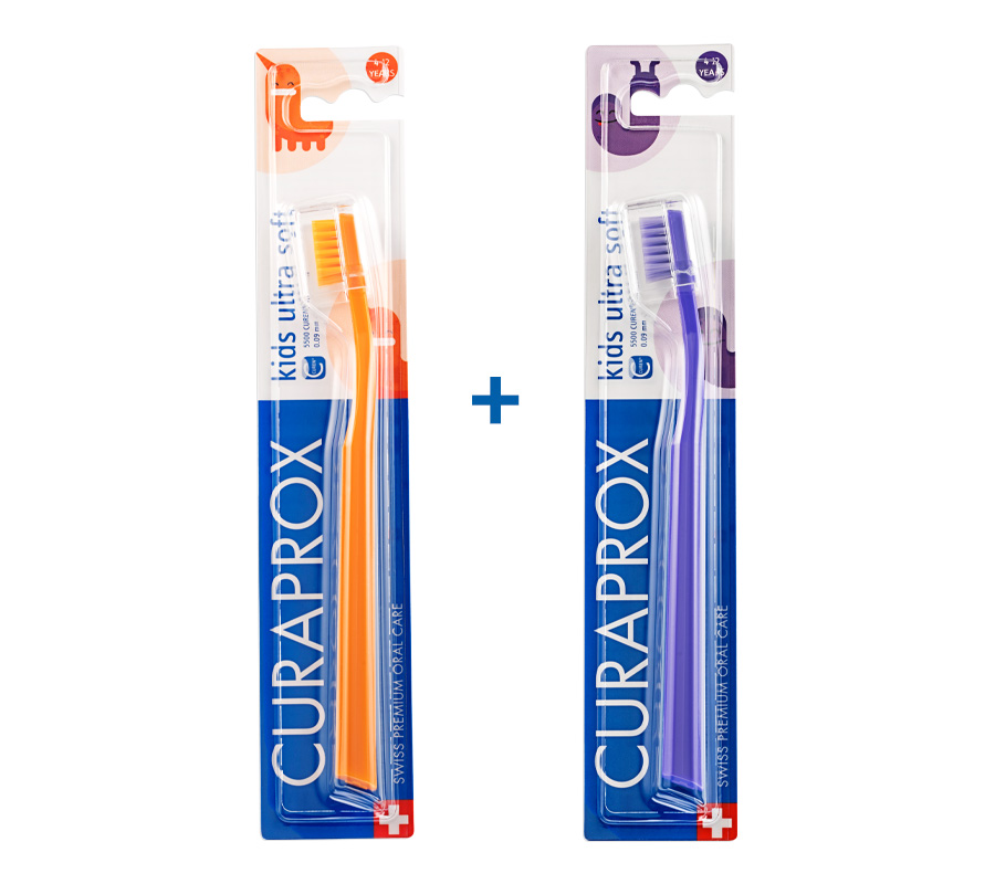 Набор зубных щеток Curaprox Kids 5500 Ultra Soft (2 шт.), (оранжевая и фиолетовая)