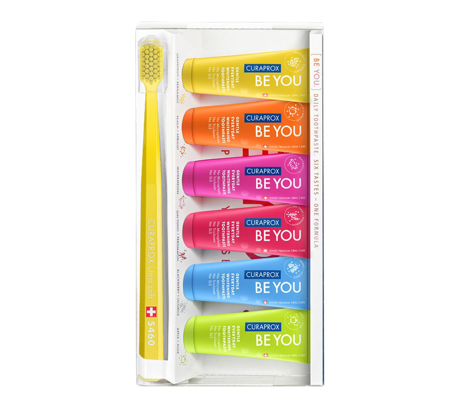 Набор отбеливающих зубных паст Curaprox Be You 6 вкусов + зубная щетка Curaprox 5460 Ultra Soft