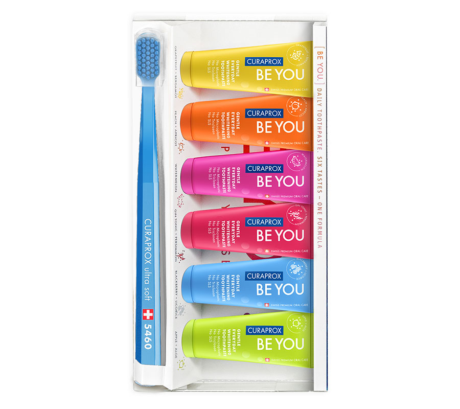Набор отбеливающих зубных паст Curaprox Be You 6 вкусов + зубная щетка Curaprox 5460 Ultra Soft (голубая)