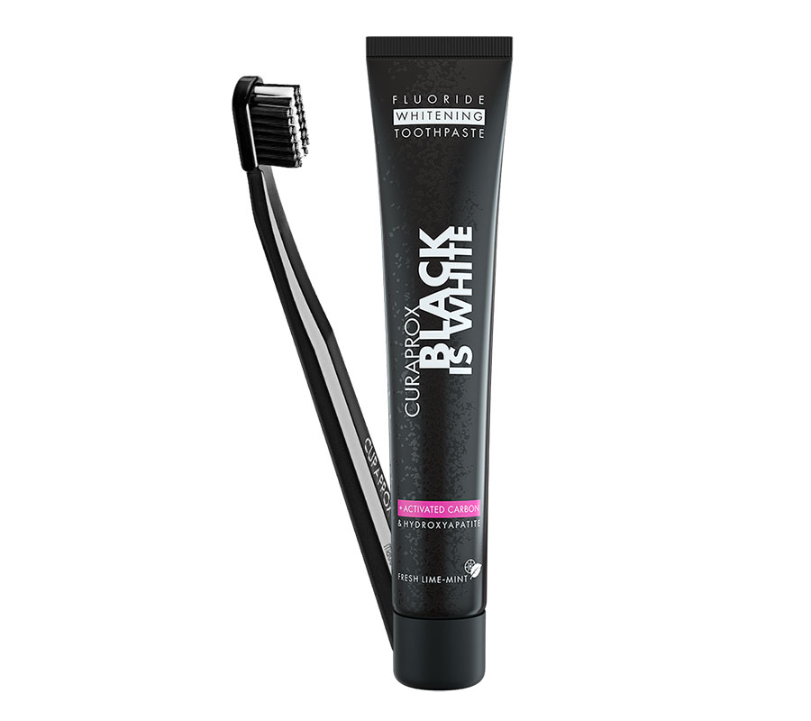 Отбеливающая зубная паста Curaprox Black Is White + зубная щетка Curaprox 8760, черная