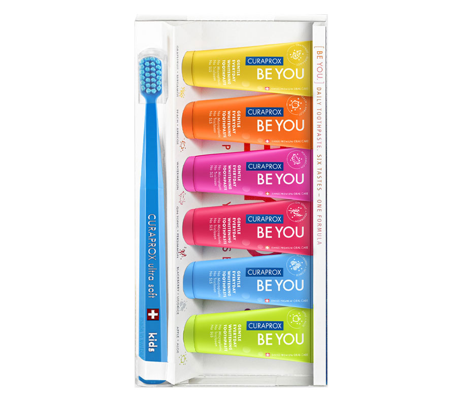 Набор отбеливающих зубных паст Curaprox Be You 6 вкусов + зубная щетка Curaprox Kids 5500 Ultra Soft