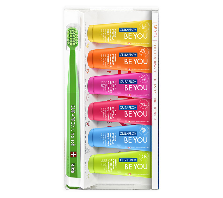 Набор отбеливающих зубных паст Curaprox Be You 6 вкусов + зубная щетка Curaprox Kids 5500 Ultra Soft (зеленая)